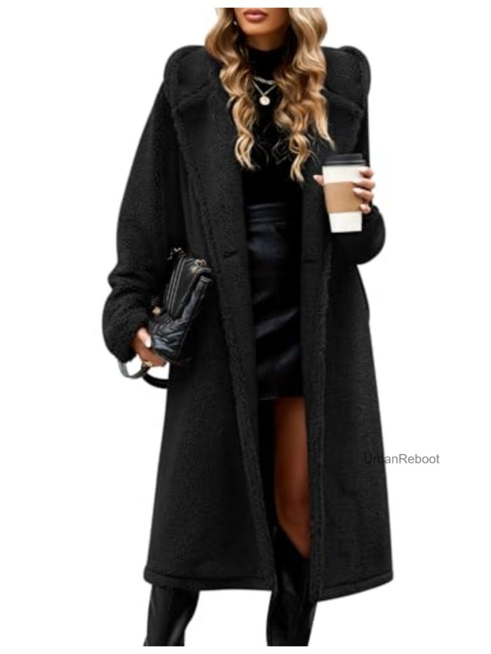 Faux Fur Hooded Long Cardigan Jacket Warm Fleece Coat with Pockets
